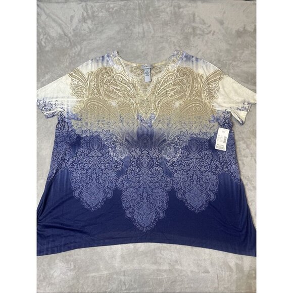 Women’s Catherines Blouse Paisley Navy Blue Tan Rhinestones Embroidered Neck 2X - Picture 7 of 12